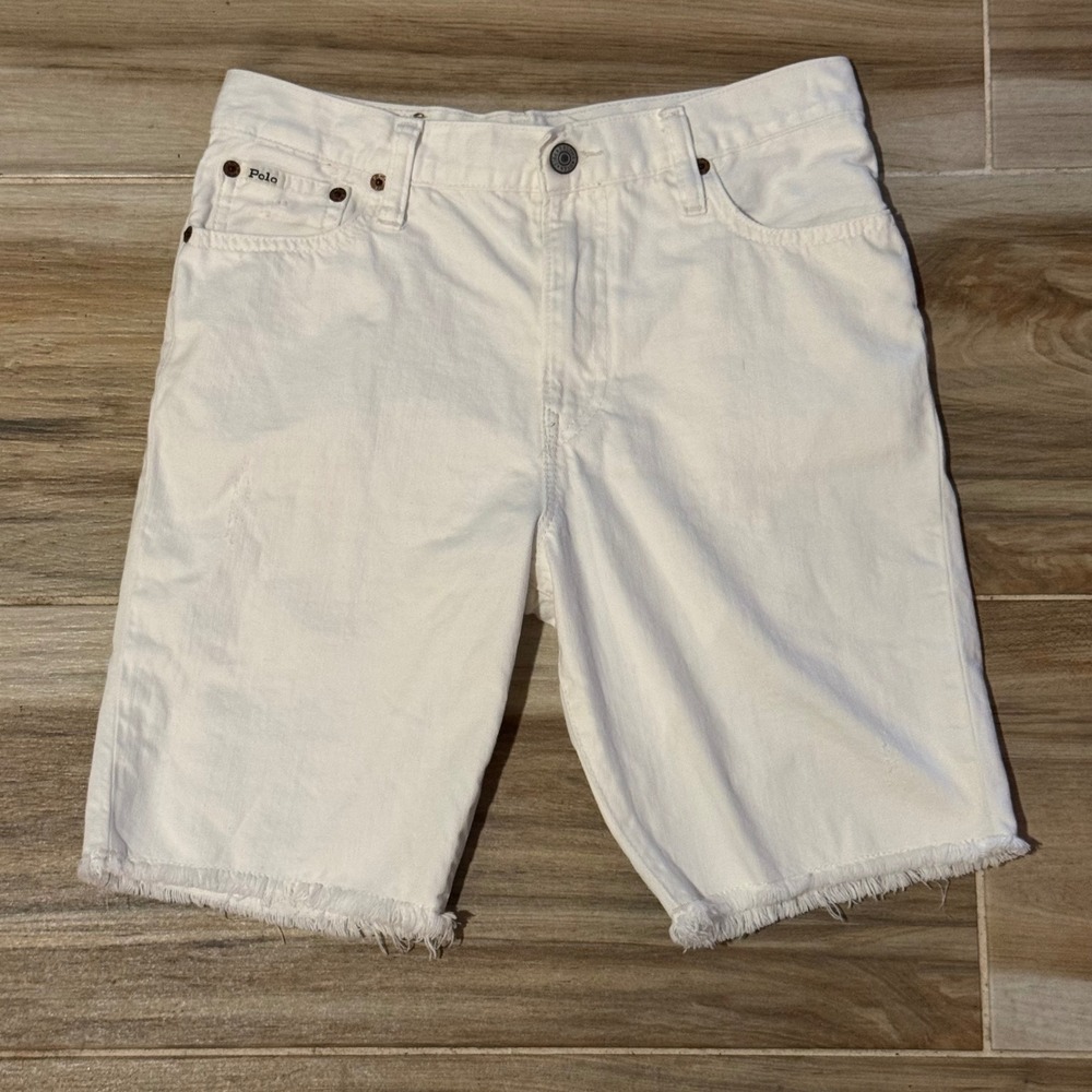 Polo Ralph Lauren Boys White Denim Cut Off Shorts Size XL 18-20 Raw Hem Cotton